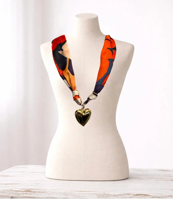 Blue and Orange Flower Gold Filled Large Puffy Heart Scarf Necklace