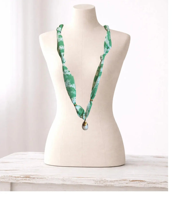 Green and White Pearl Drop Scarf Necklace