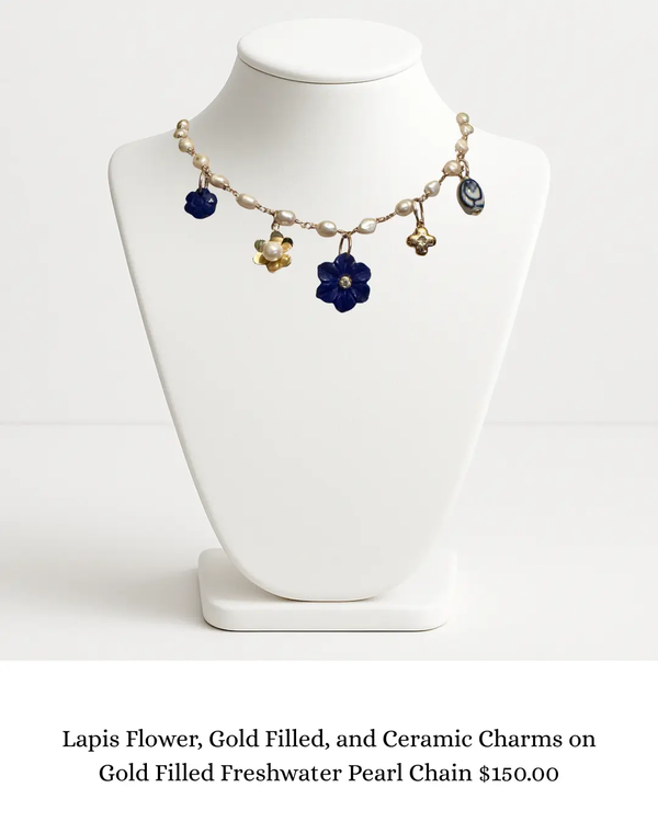 Lapis Flower, Gold Filled, and Ceramic Charms on Gold Filled Freshwater Pearl Chain