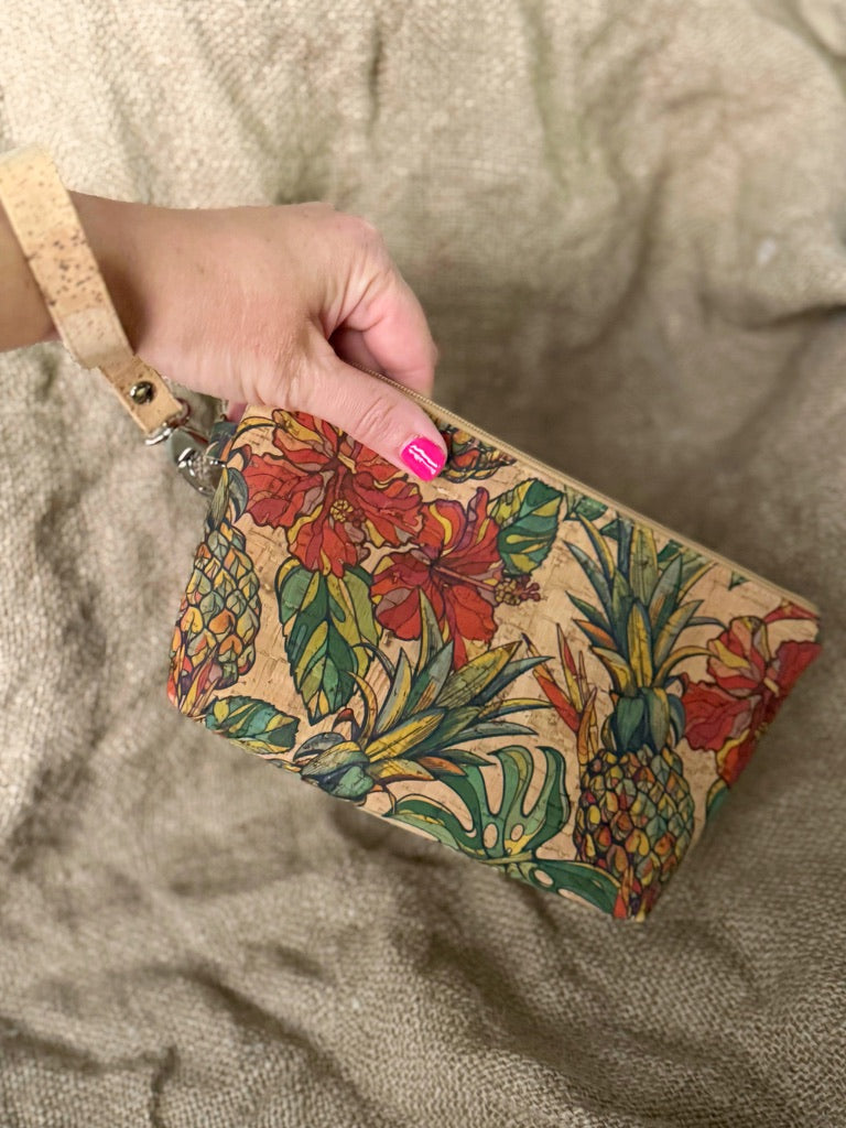 Red Hibiscus and Pineapple Cork Wristlet Conch Couture