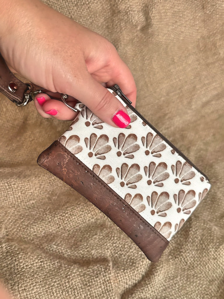 Small Brown Shell Print Business & Credit Card Zip Wristlet Conch Couture