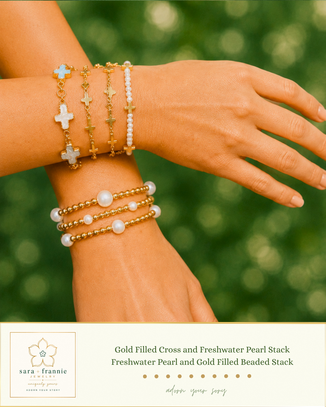 Gold Edged Freshwater Pearl Cross Bracelet