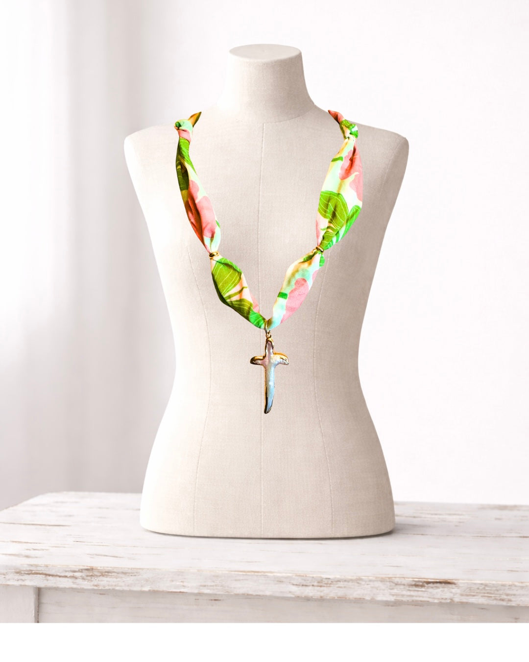 Green and Pink Floral Pearl Cross Necklace sara & frannie jewelry
