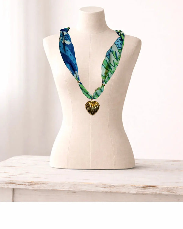 Blue and Green Flower Gold Filled Fluted Heart Necklace