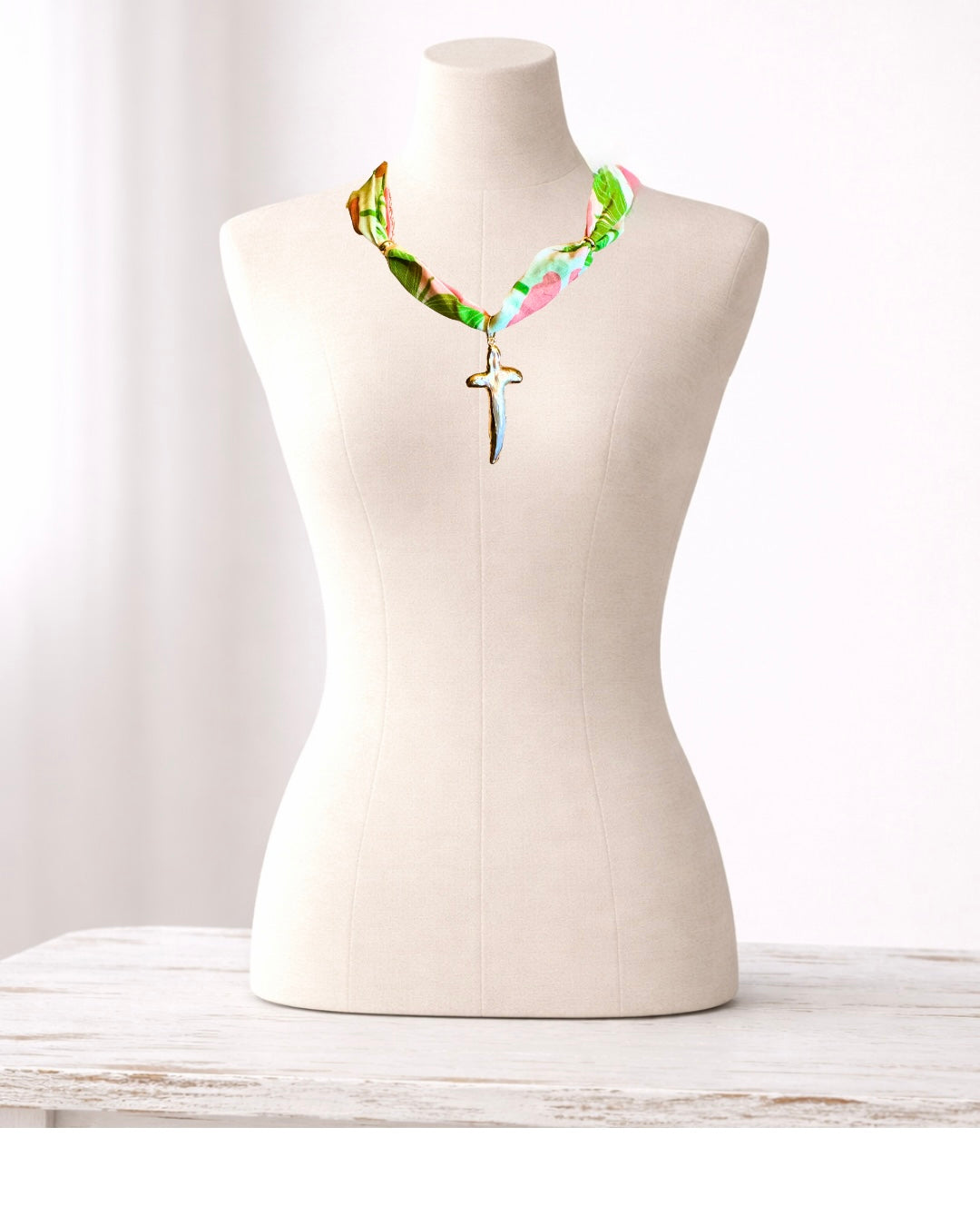 Green and Pink Floral Pearl Cross Necklace sara & frannie jewelry