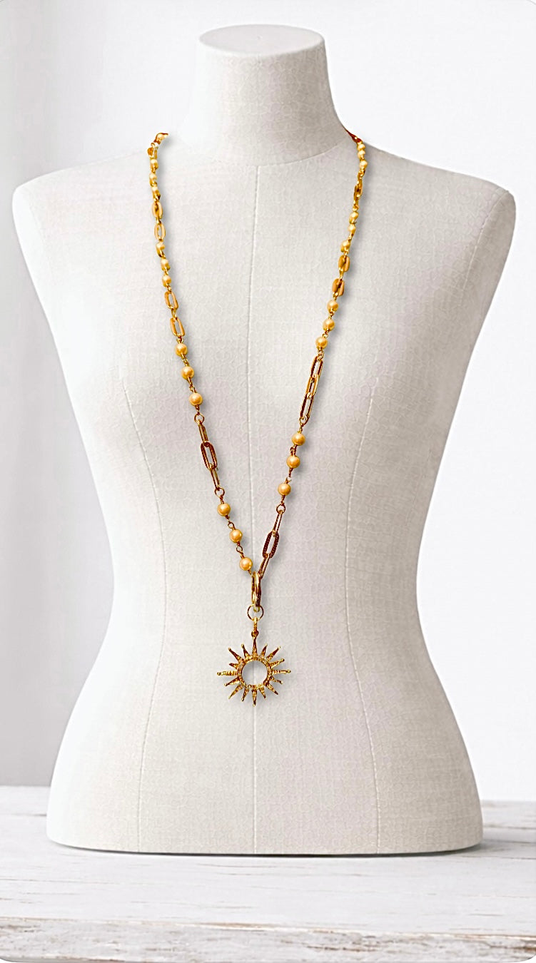 Gold Filled Sunburst on Freshwater Pearl and Gold Filled Chain