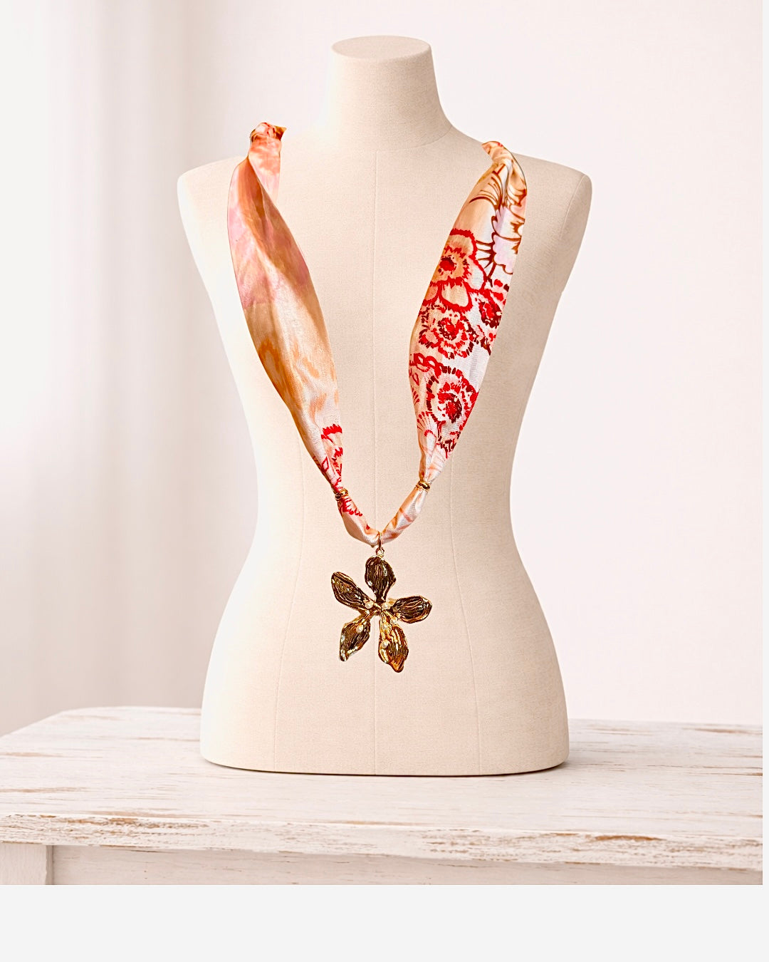 Pink and Orange Gold Filled Flower Scarf Necklace sara & frannie jewelry