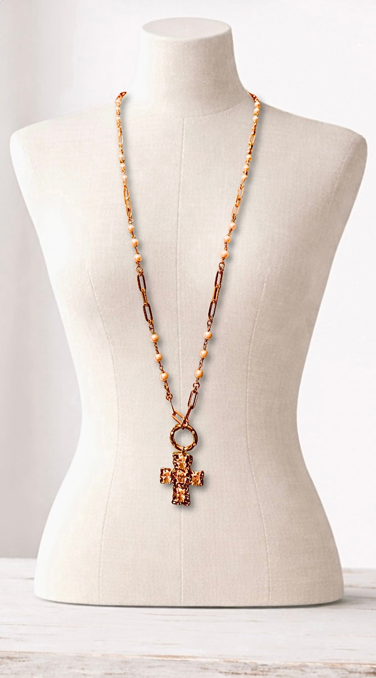 Vintage Inspired Gold Filled Cross on Freshwater Pearl and Gold Filled Chain