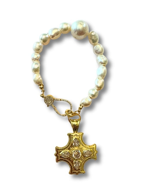 Gold Filled Baroque Cross on Freshwater Baroque Pearl Bracelet
