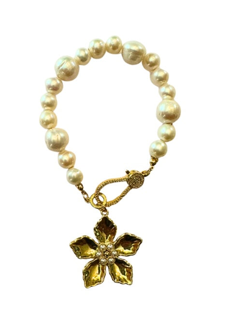 Gold Filled and Pearl Flora on Freshwater Baroque Pearl Bracelet