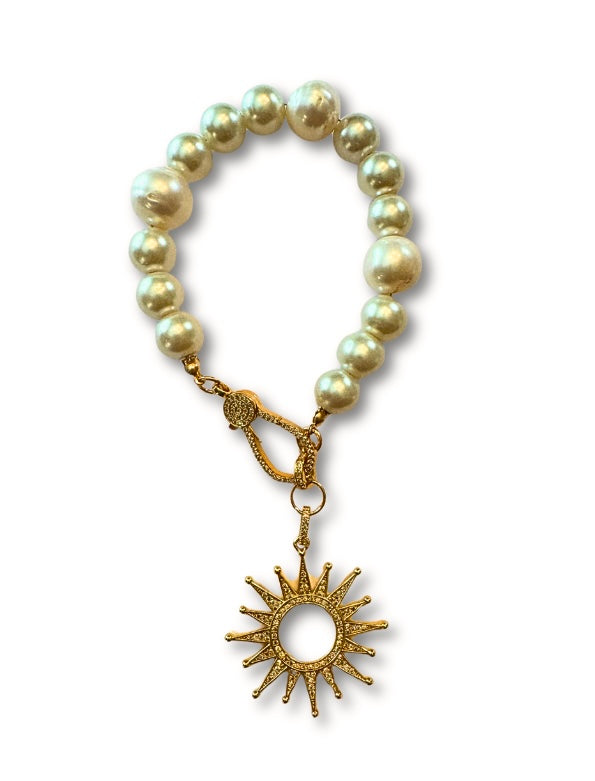 Gold Filled Pave Sunburst on Freshwater Baroque Pearl Bracelet