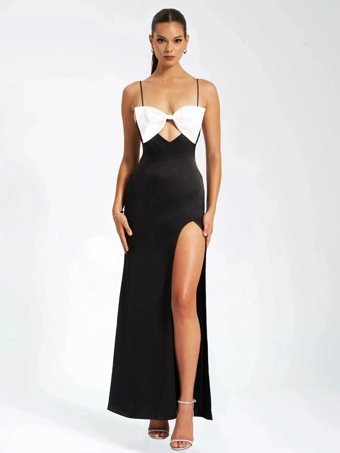 Eleanor Black and White Bow Satin Gown Jade Bridal