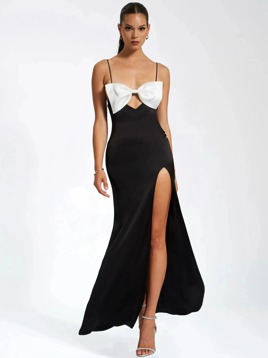 Eleanor Black and White Bow Satin Gown Jade Bridal