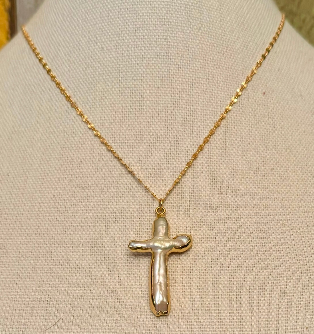 Gold Edged Pearl Cross Necklace