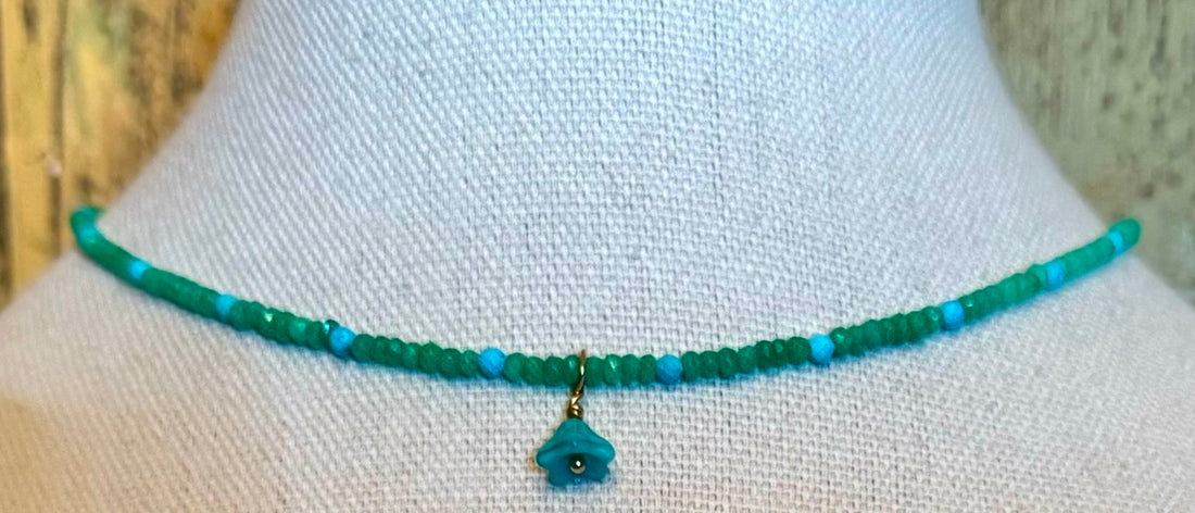 Jade and Turquoise Necklace with Vintage Flower Drop