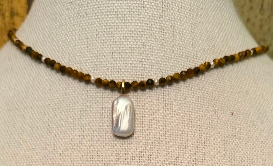 Tiger’s Eye with Pearl Bar Necklace