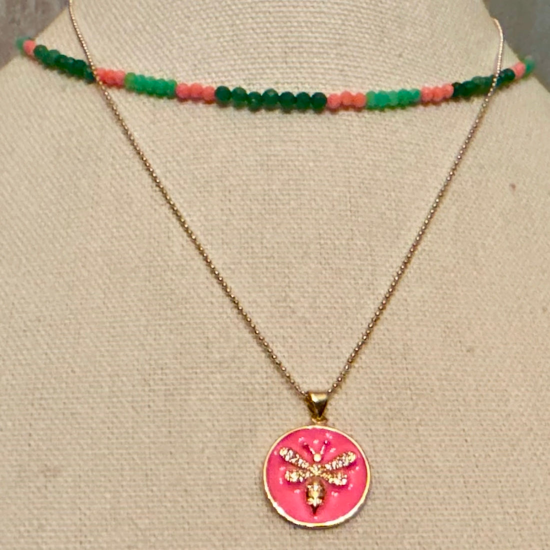 Pink Enamel Pave Bee Necklace