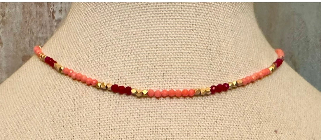 Red Jade, Pink Bamboo and Gold Vermeil Coral Choker