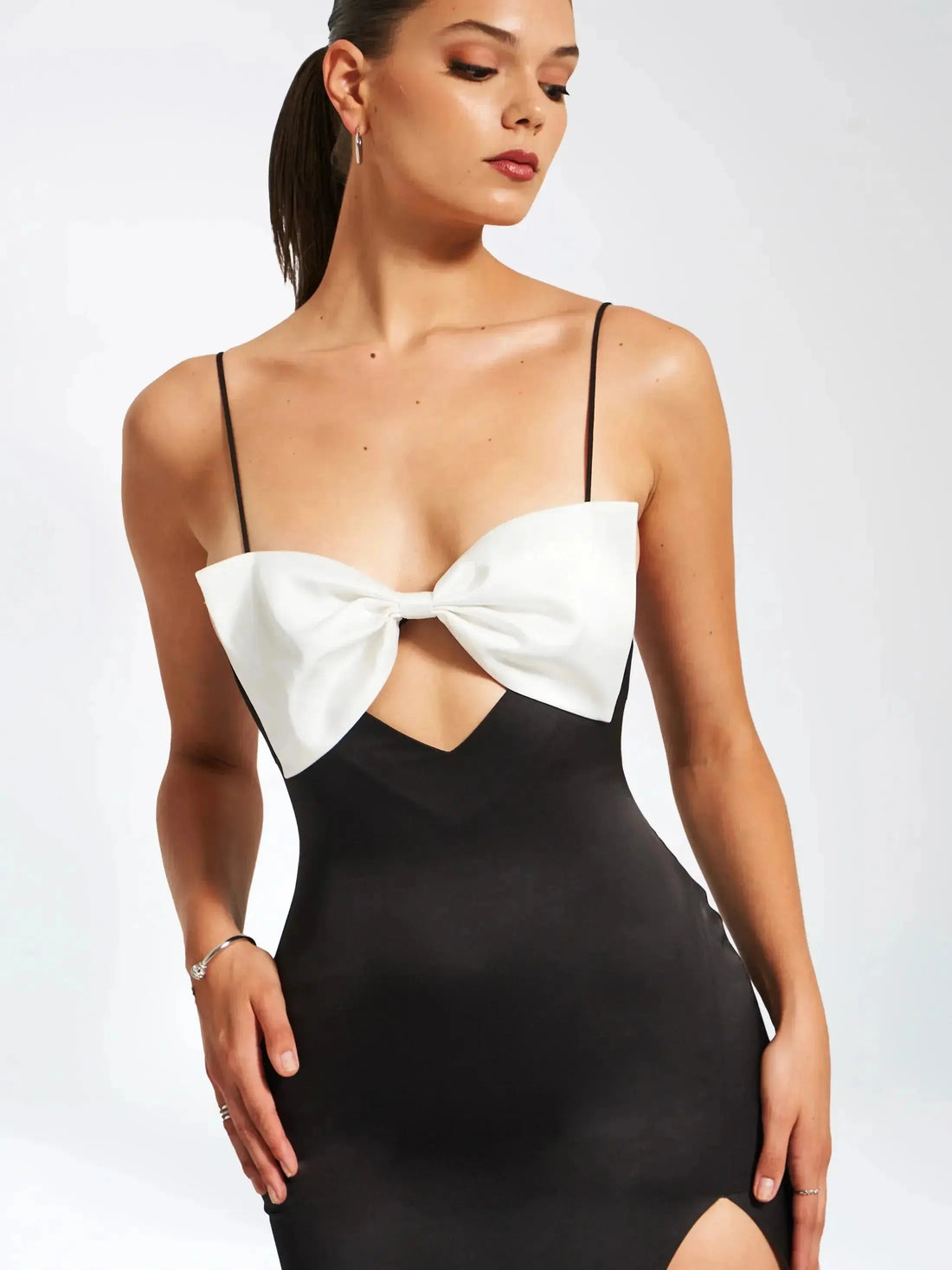 Eleanor Black and White Bow Satin Gown Jade Bridal