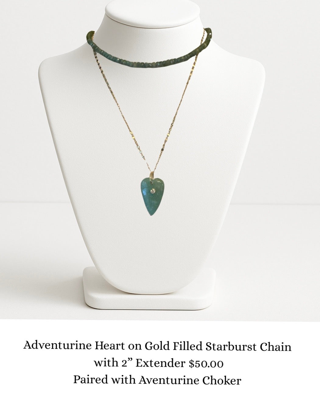 Adventurine Heart on Gold Filled Chain sara & frannie jewelry