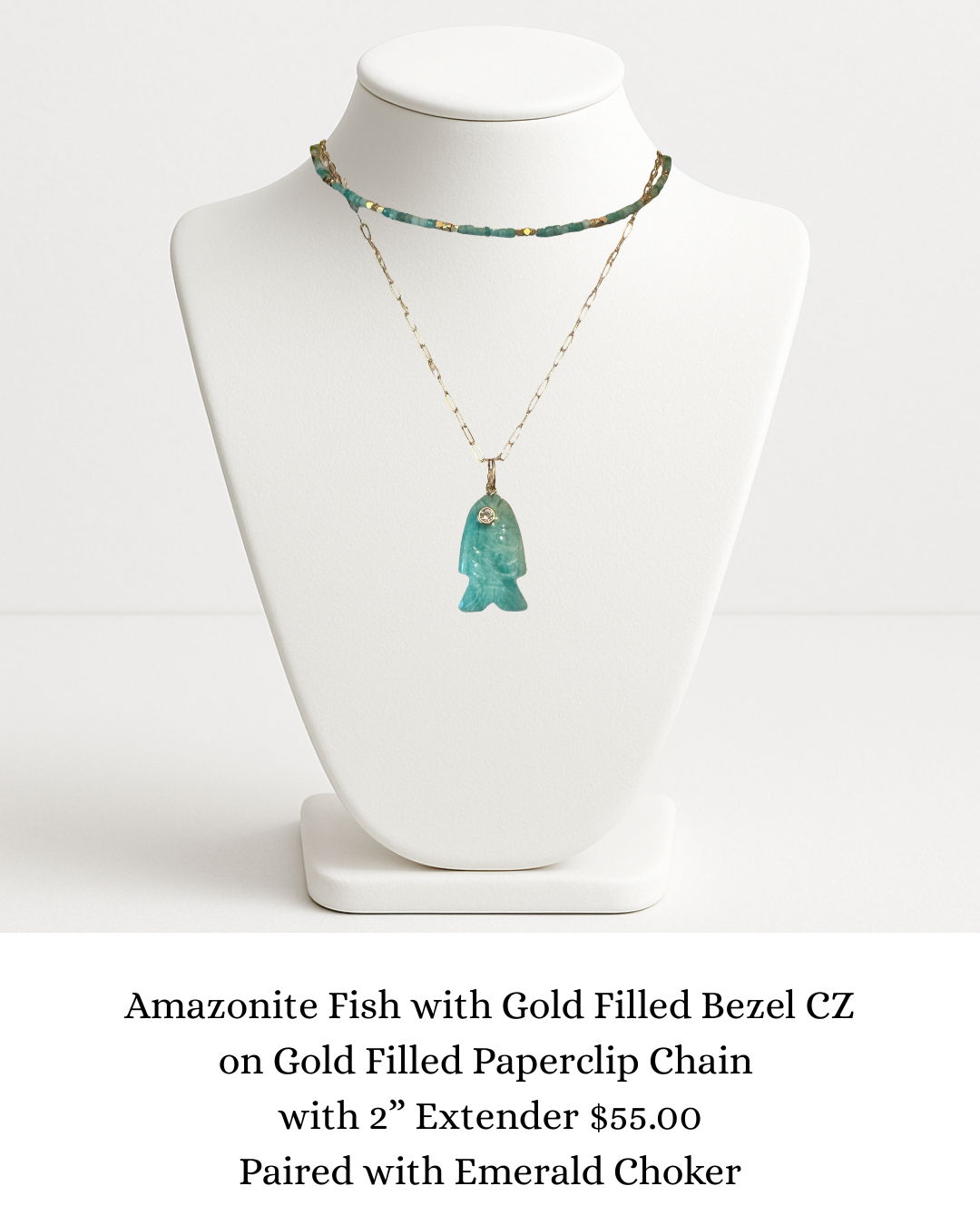 Amazonite Fish with Gold Filled Bezel CZ on Gold Filled Chain sara & frannie jewelry