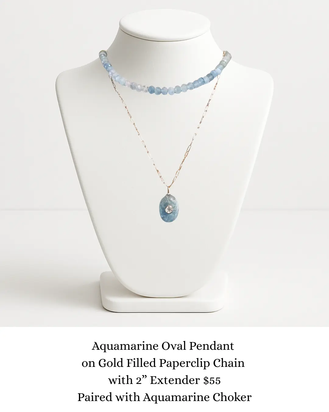 Aquamarine Oval Pendant on Gold Filled Chain sara & frannie jewelry