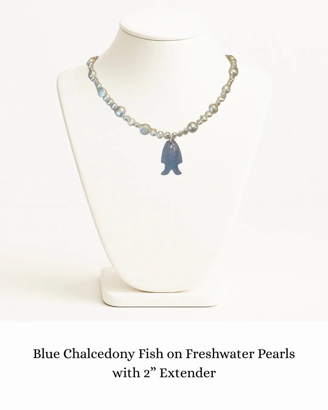 Blue Chalcedony Fish on Freshwater Pearls sara & frannie jewelry