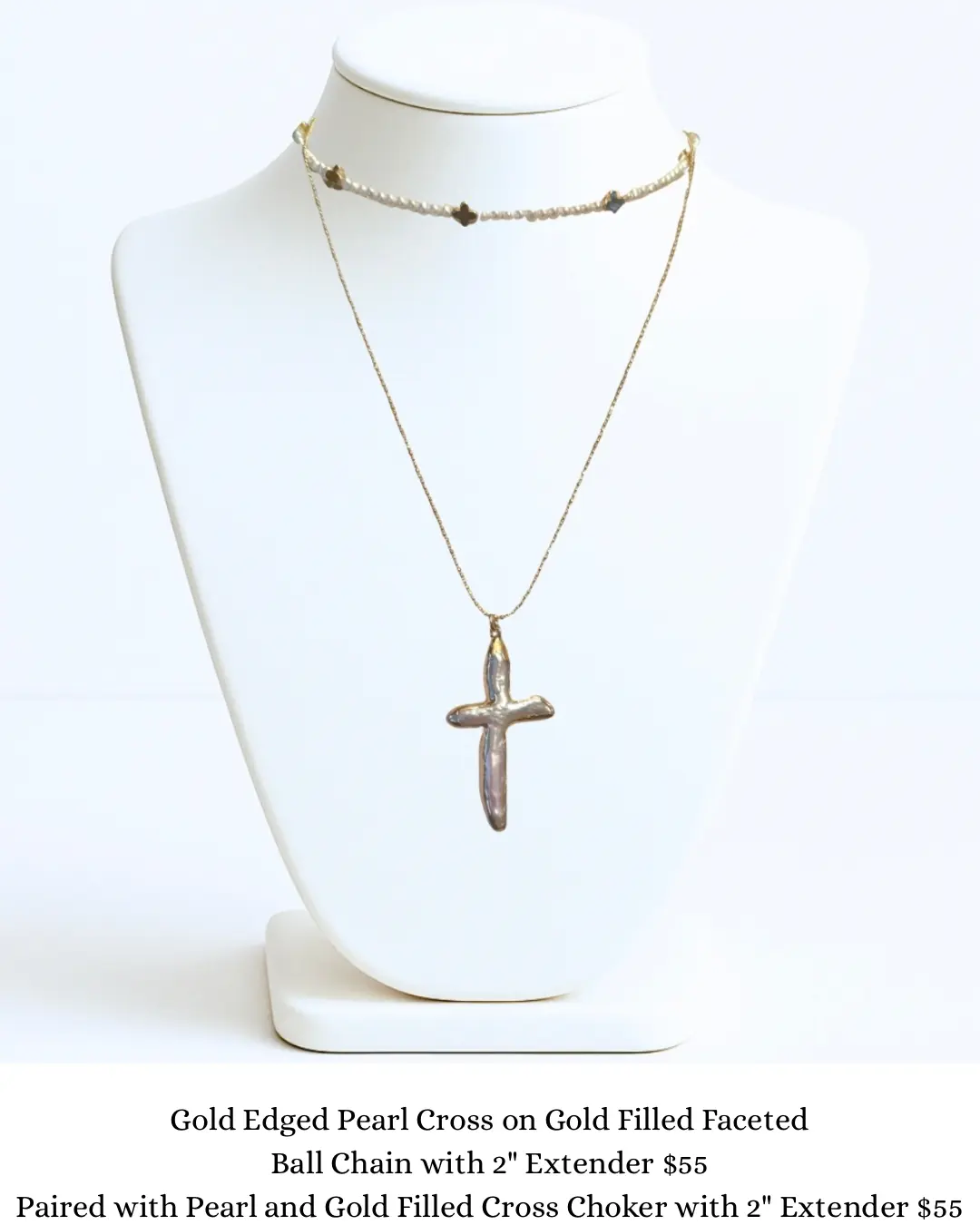 Gold Edged Freshwater Pearl Cross with 2” Gold Filled Extender sara & frannie jewelry