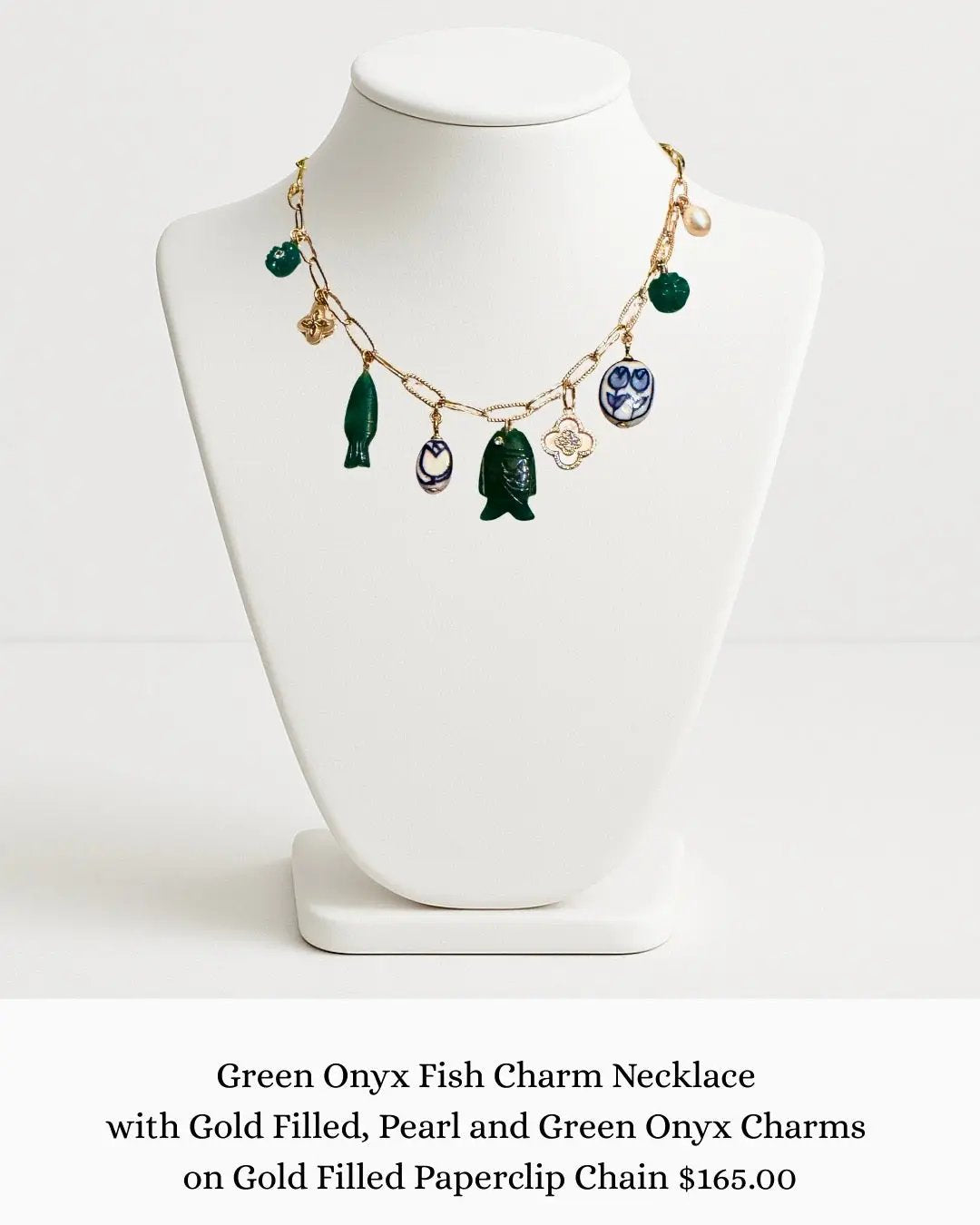 Green Onyx Fish Charm Necklace with Gold Filled, Pearl and Green Onyx Charms on Gold Filled Chain sara & frannie jewelry