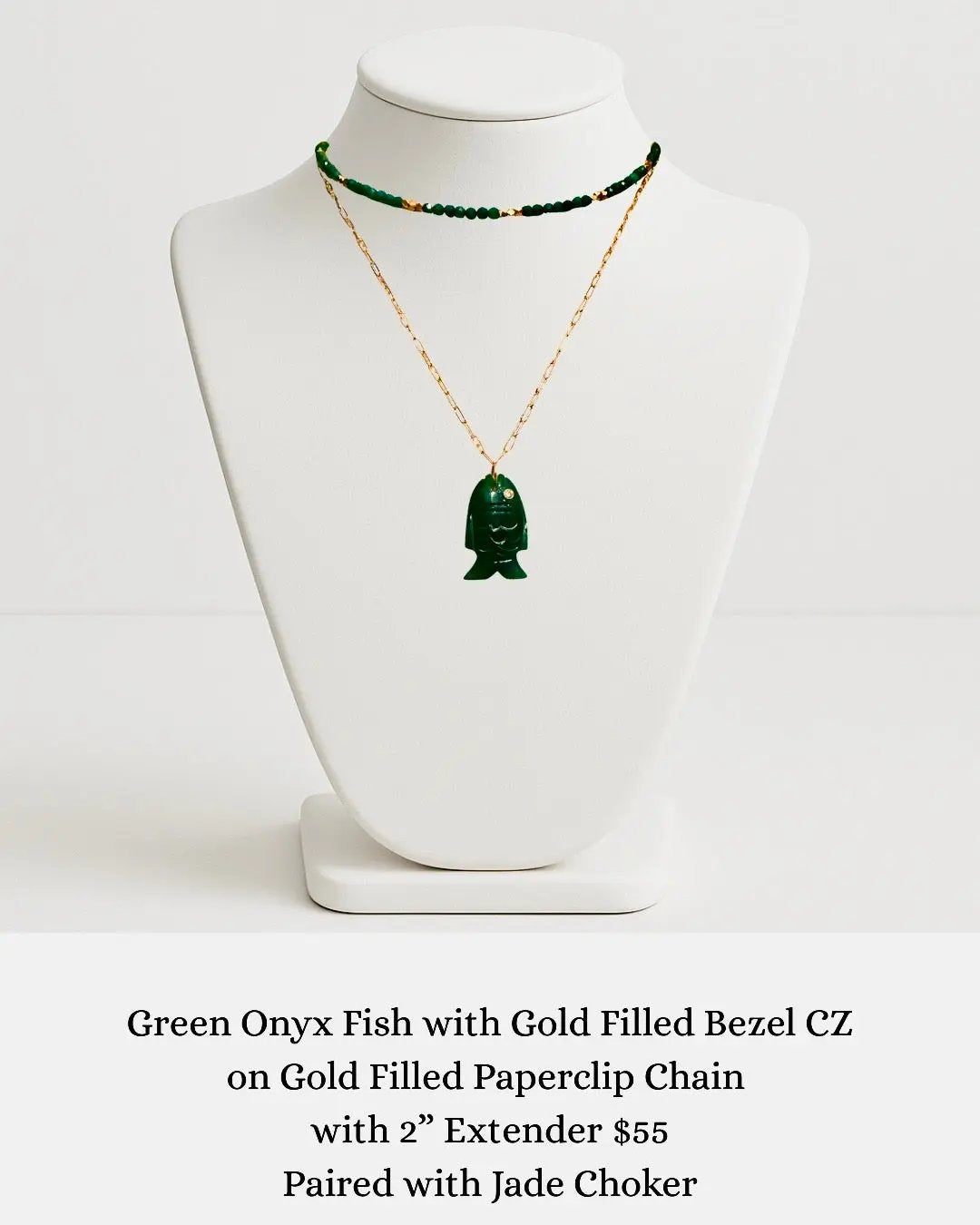 Green Onyx Fish with Gold Filled Bezel CZ on Gold Filled Chain sara & frannie jewelry