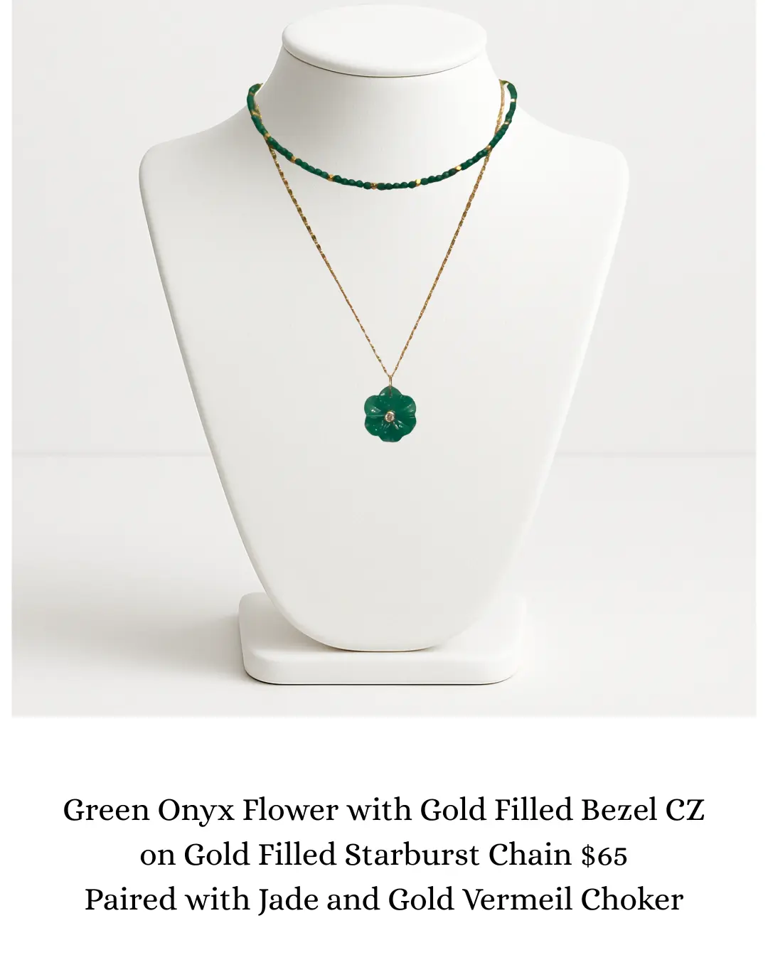 Green Onyx Carved Flower with Gold Filled Bezel CZ $60.00 sara & frannie jewelry