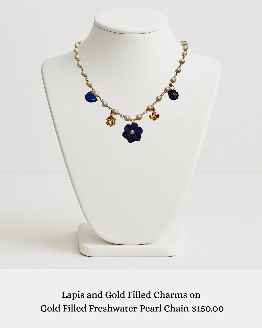 Lapis and Gold Filled Charms on Gold Filled Freshwater Pearl Chain sara & frannie jewelry
