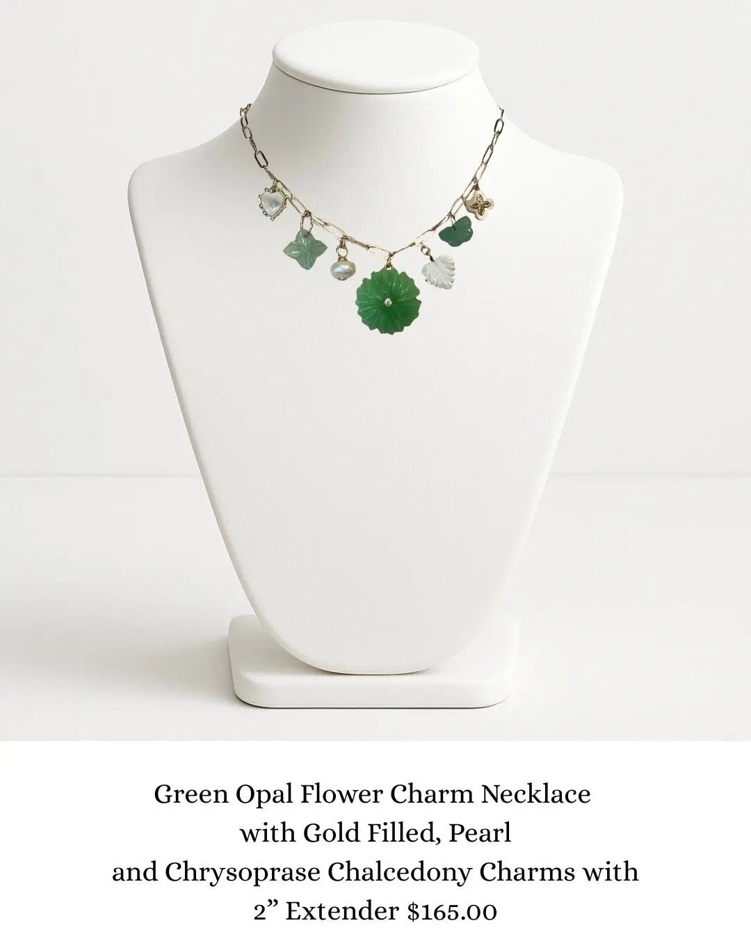 Green Opal Flower Charm Necklace with Gold Filled, Pearl and Chrysoprase Chalcedony Charms sara & frannie jewelry