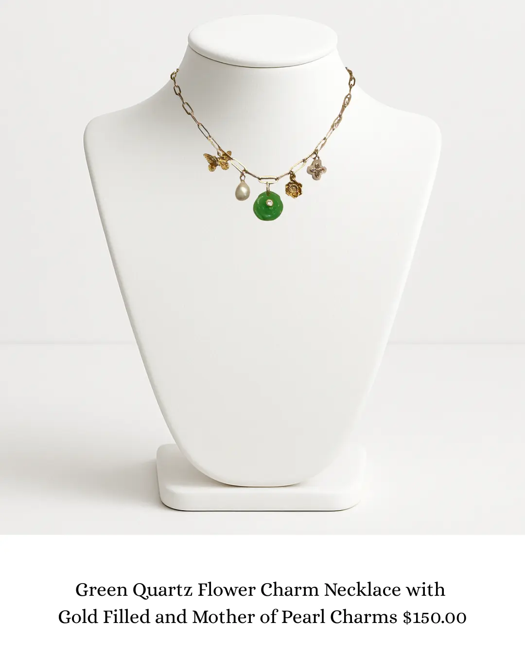 Green Quartz Flower Charm Necklace with Gold Filled and Mother of Pearl Charms sara & frannie jewelry