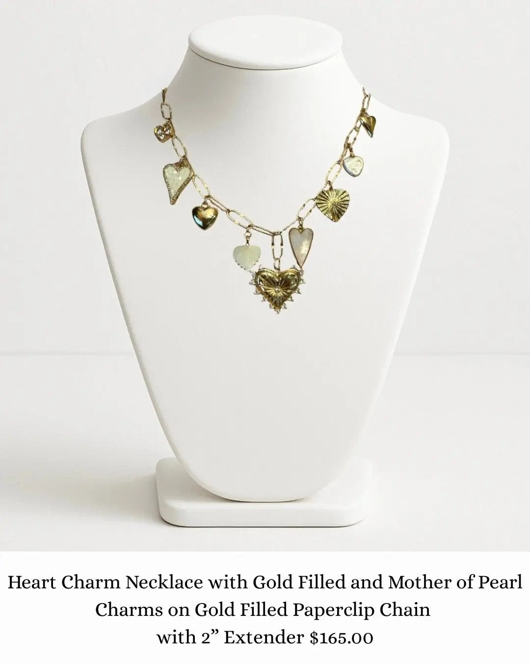 Heart Charm Necklace with Gold Filled and Mother of Pearl Charms sara & frannie jewelry