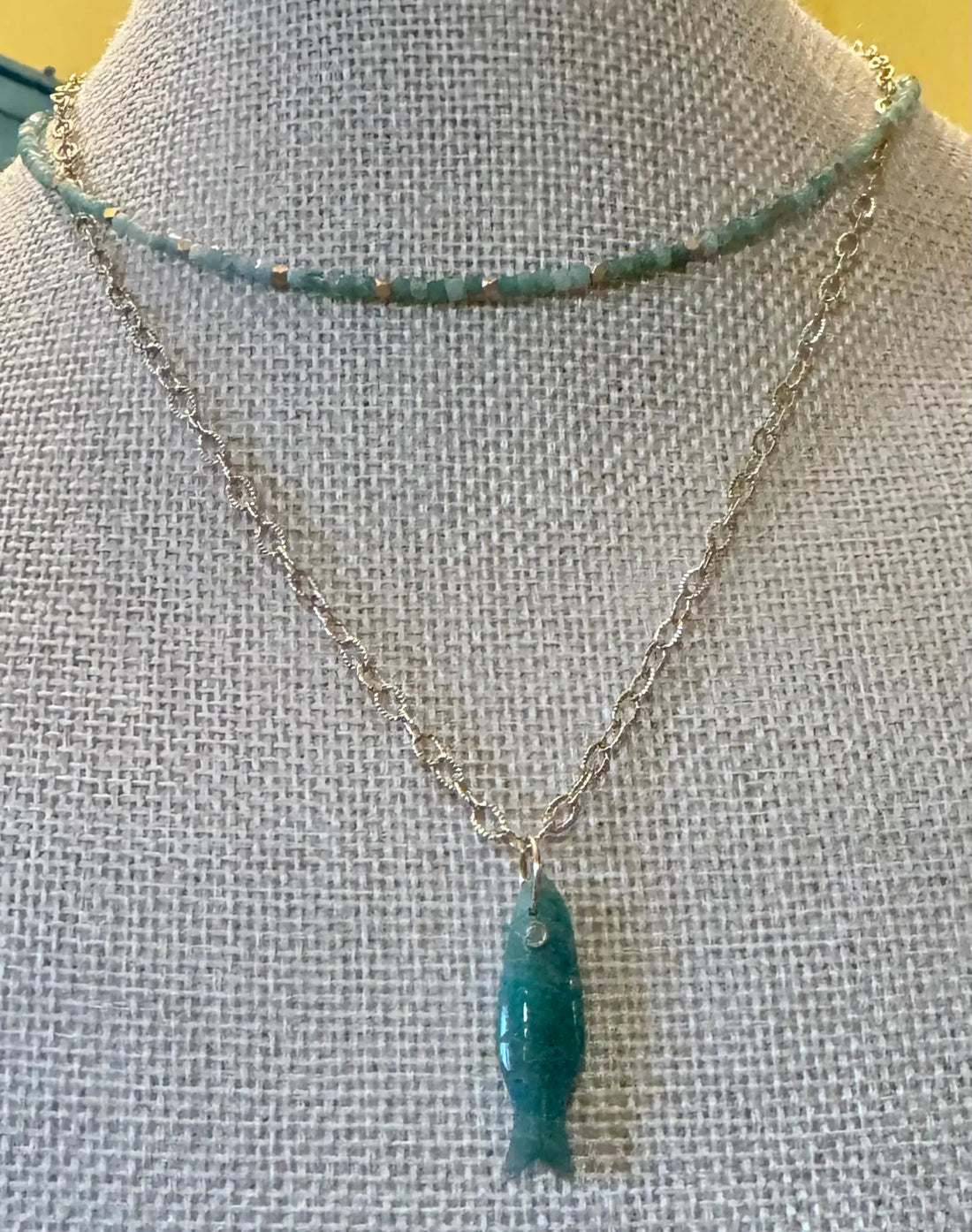 Aventurine Fish Necklace and Raw Emerald Choker Diane Bellamy Handmade Jewelry