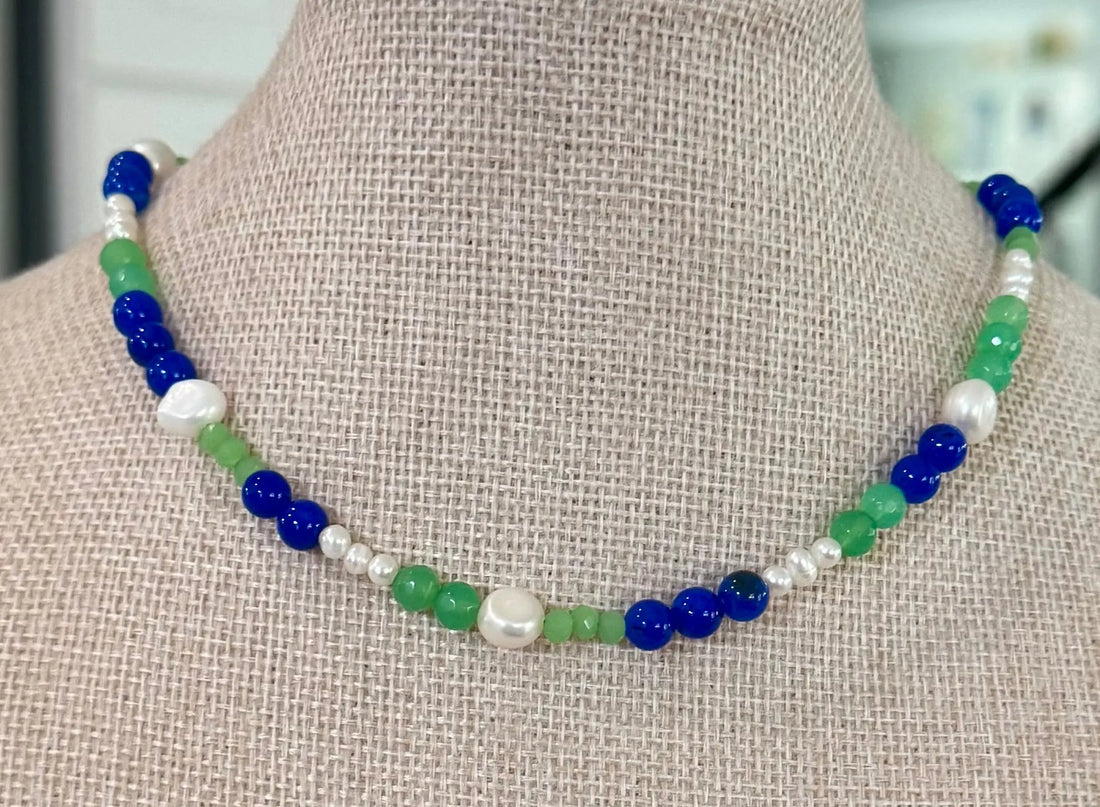 Chalcedony, Lapis and Pearl Choker Diane Bellamy Handmade Jewelry