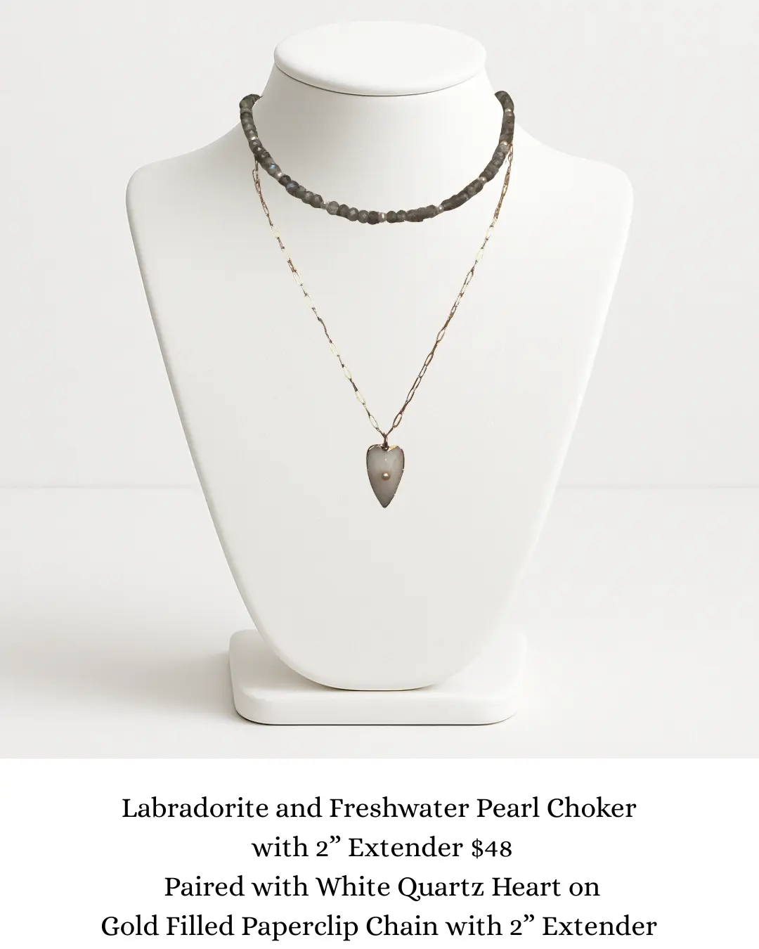 White Quartz Heart on Gold Filled Chain sara & frannie jewelry