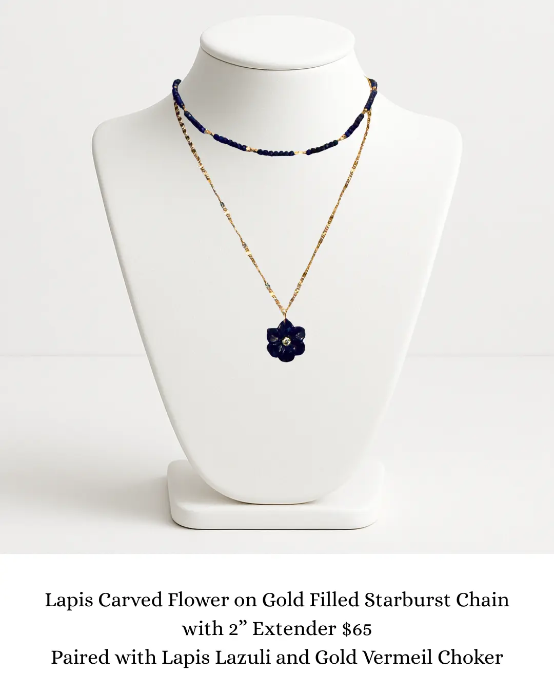 Lapis Carved Flower on Gold Filled Starburst Chain sara & frannie jewelry