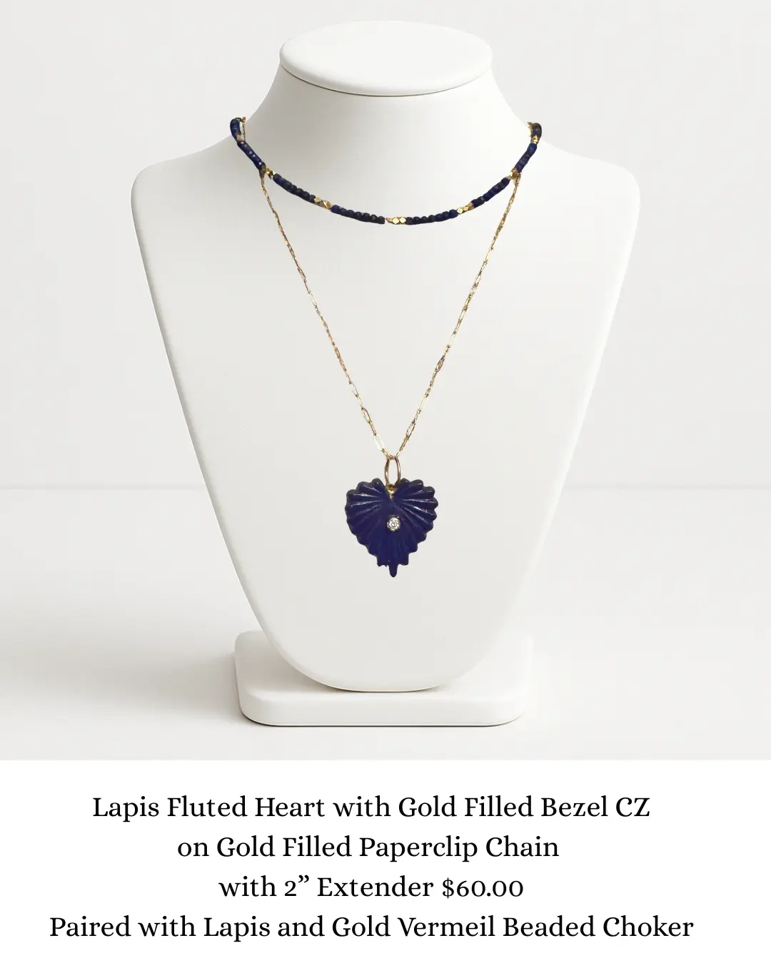 Lapis Fluted Heart with Gold Filled Bezel CZ on Gold Filled Paperclip Chain with 2” Extender sara & frannie jewelry