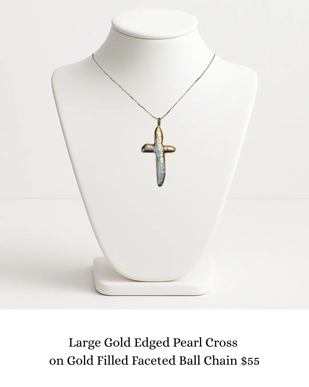 Large Gold Edged Pearl Cross on Gold Filled Faceted Ball Chain sara & frannie jewelry