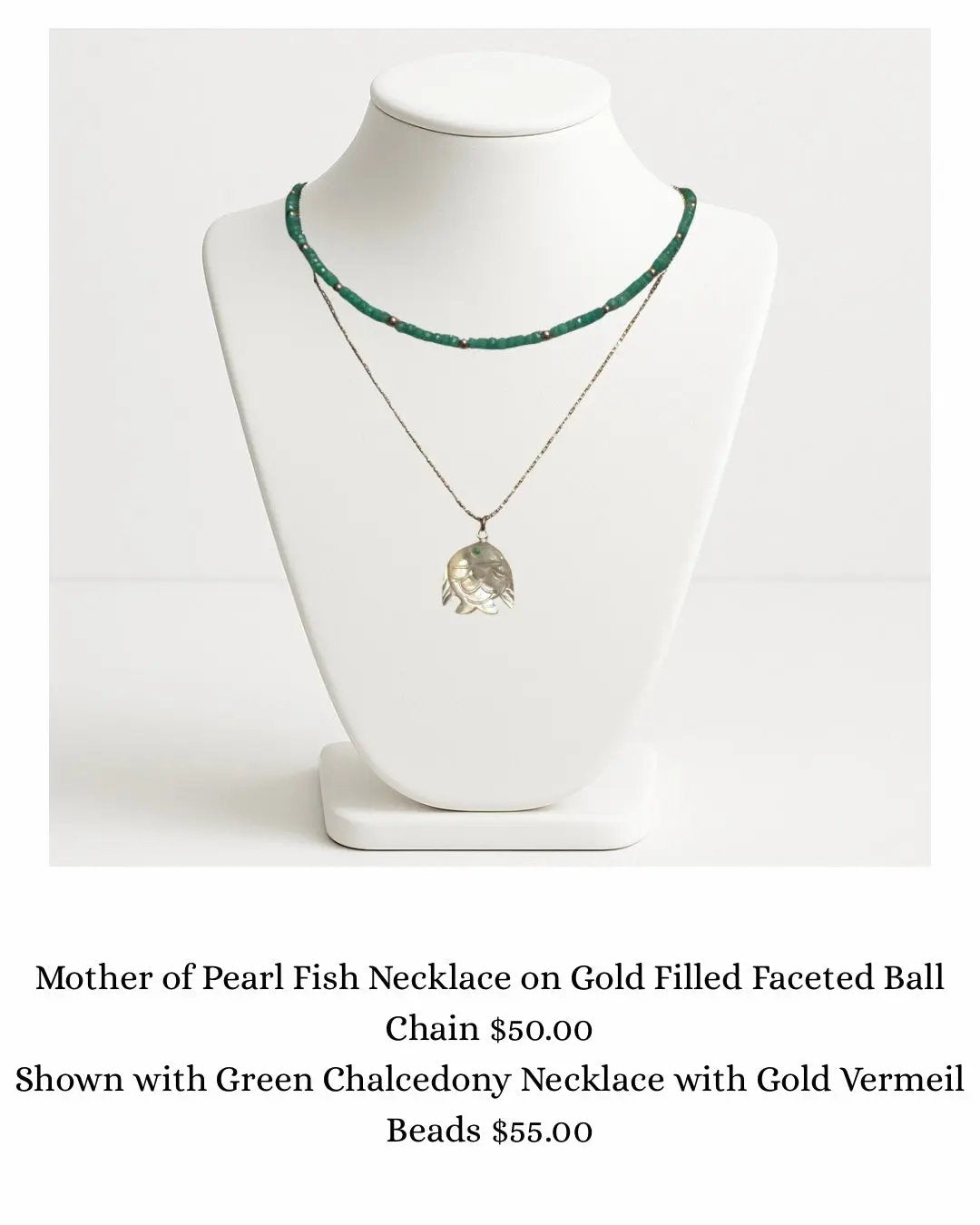 Mother of Pearl Fish Necklace with Jade Eye Paired with Green Chalcedony and Vermeil Choker sara & frannie jewelry