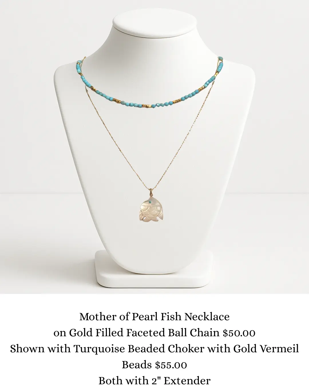 Mother of Pearl Fish Necklace Paired with Turquoise Beaded Choker sara & frannie jewelry