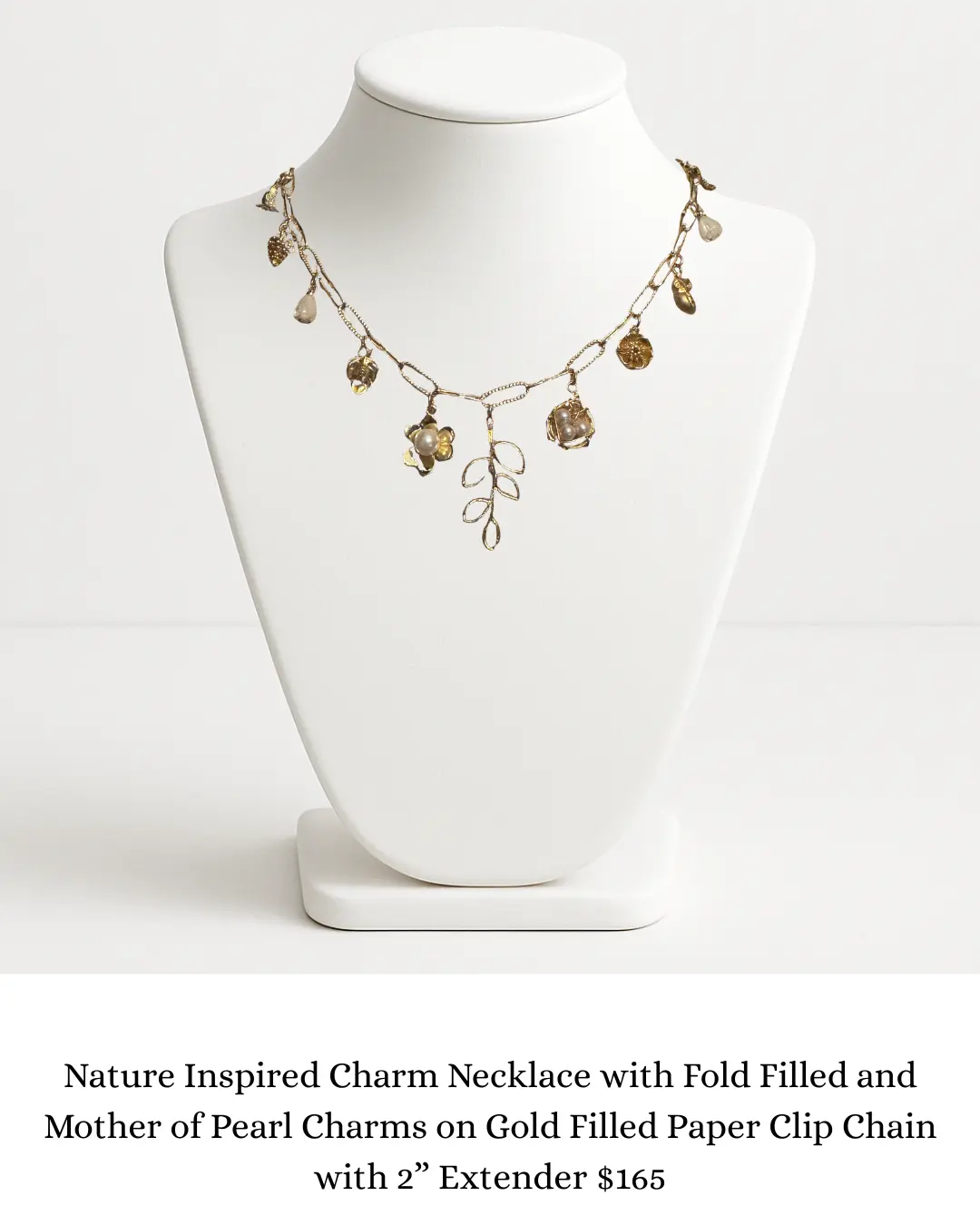 Nature Inspired Charm Necklace with Fold Filled and Mother of Pearl Charms on Gold Filled Paper Clip Chain sara & frannie jewelry