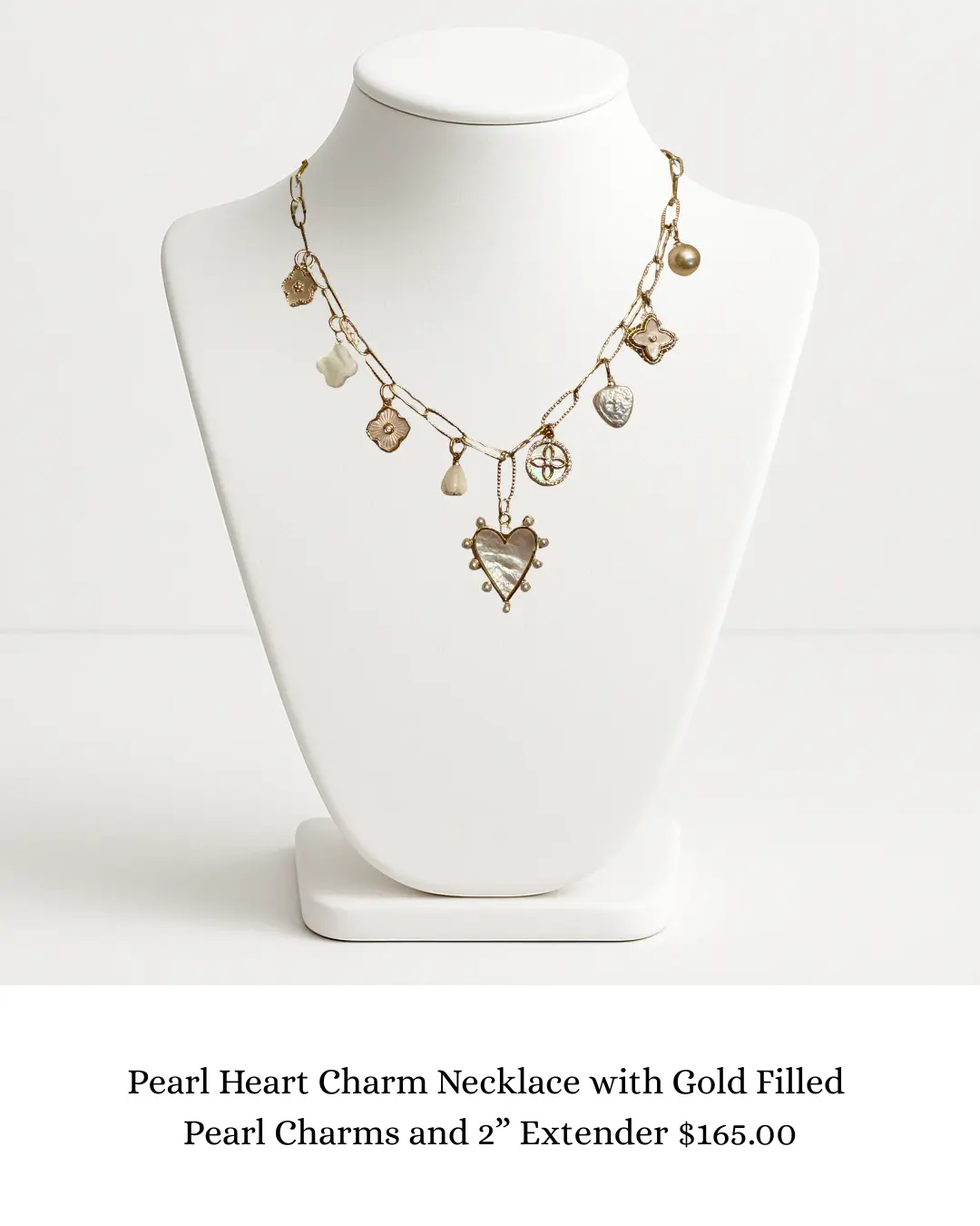 Pearl Heart Charm Necklace with Gold Filled Pearl Charms on Gold Filled Chain sara & frannie jewelry