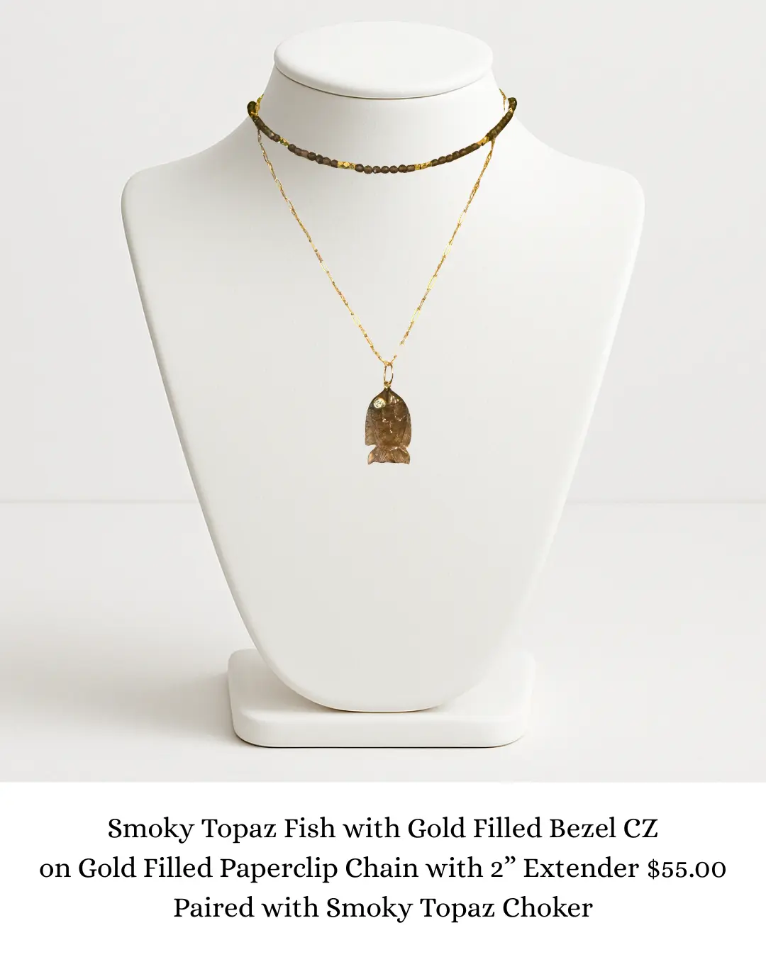 Smoky Topaz Fish with Gold Filled Bezel CZ on Gold Filled Chain sara & frannie jewelry