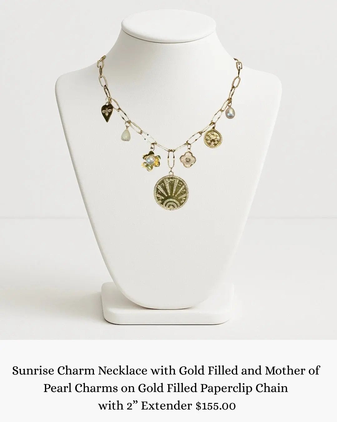 Sunrise Charm Necklace with Gold Filled and Mother of Pearl Charms on Gold Filled Chain sara & frannie jewelry
