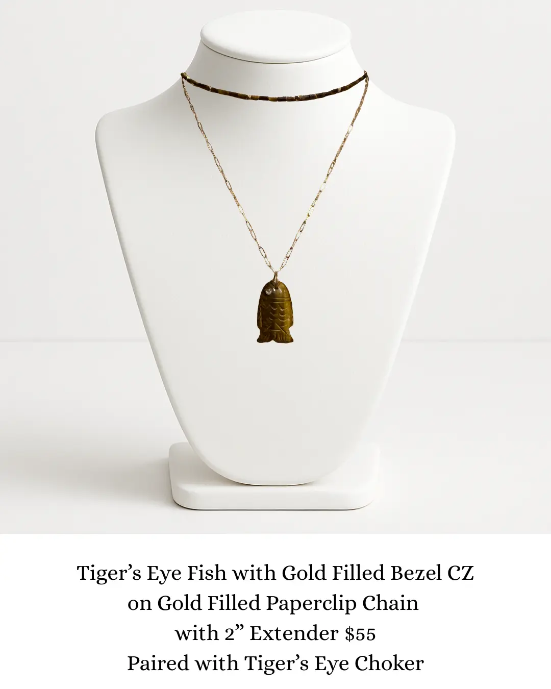 Tiger's Eye Fish with Gold Filled Bezel CZ on Gold Filled Chain sara & frannie jewelry