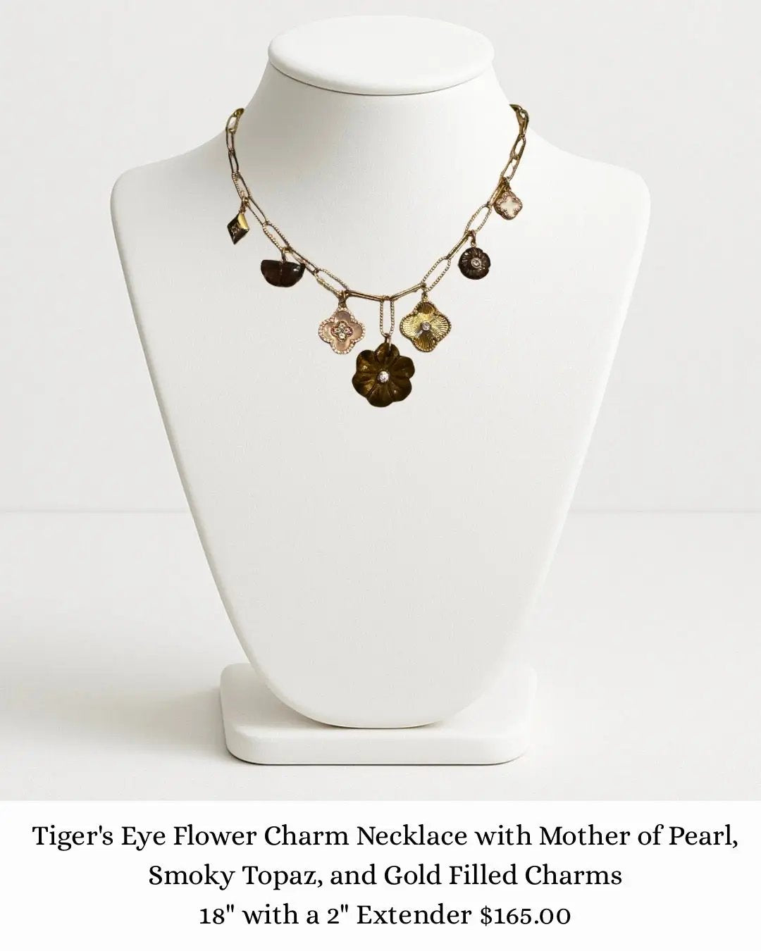 Tiger's Eye Flower Charm Necklace with Mother of Pearl, Smoky Topaz, and Gold Filled Charms sara & frannie jewelry