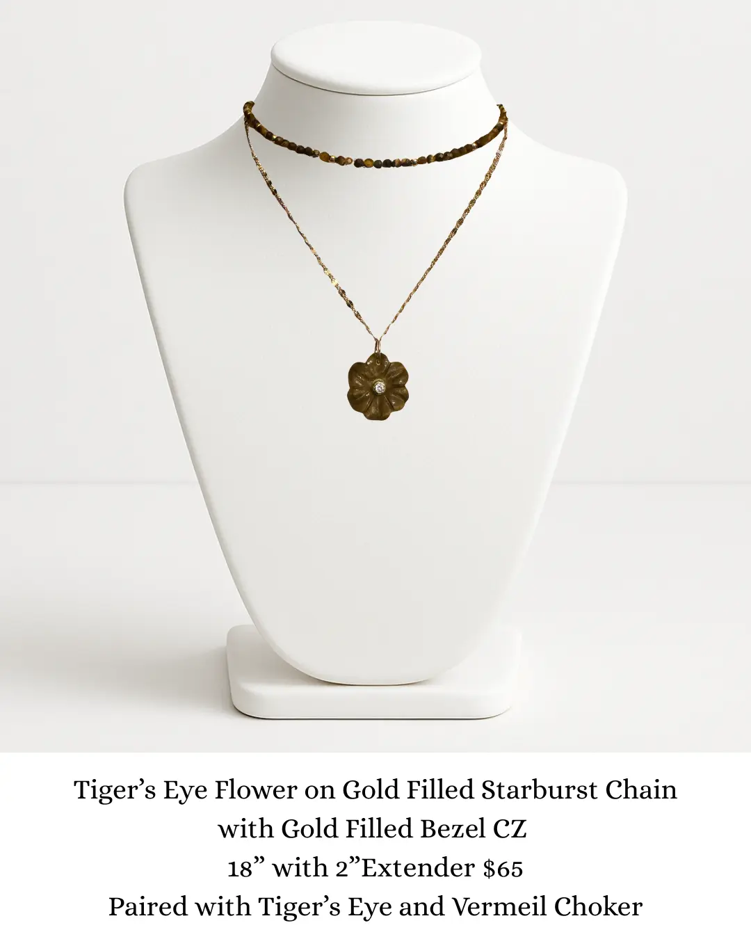Tiger’s Eye Flower on Gold Filled Starburst Chain sara & frannie jewelry